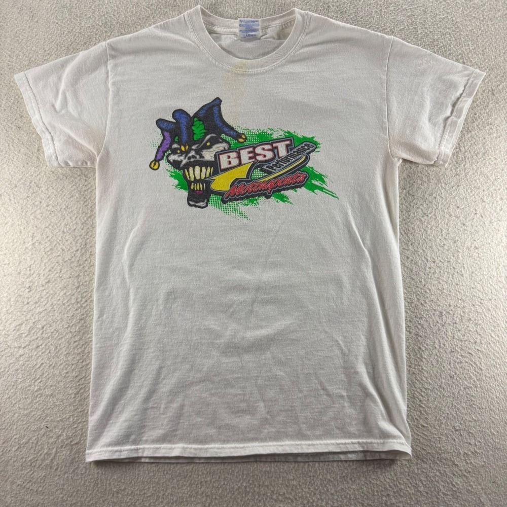 Gildan Best Performance Motorsports Racing T-Shirt S White Jester Skull Edgy Y2K
